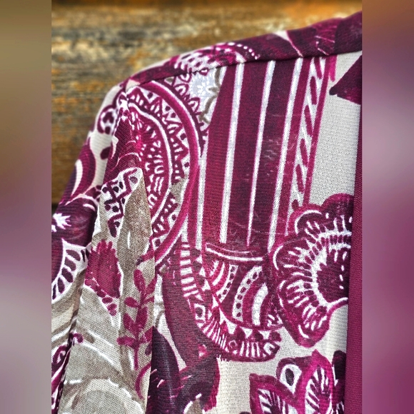 R&M Richard's Luxury Wine/Plum Sheer Lace Floral Open Cardigan Flowy Top Size 12 - Picture 7 of 14